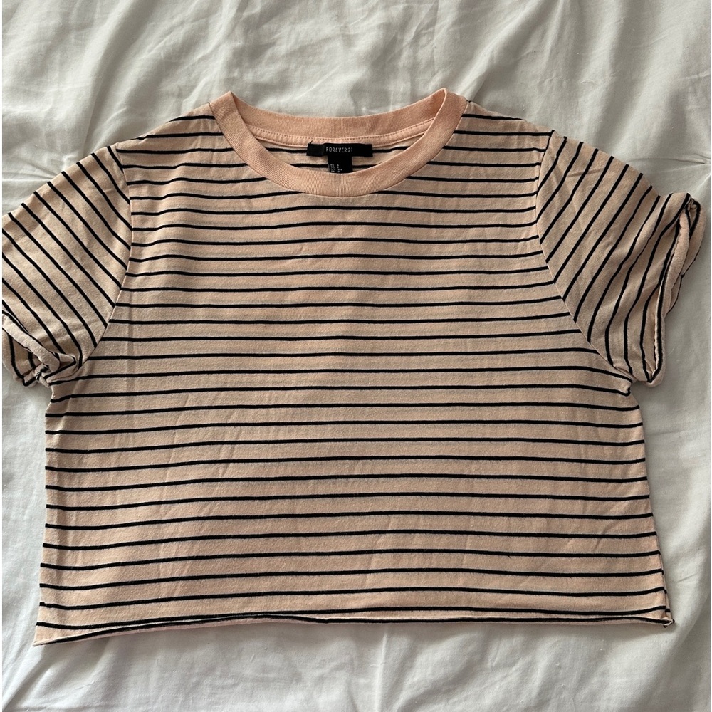 pink top | blue stripes | crop trop | loose fitting |